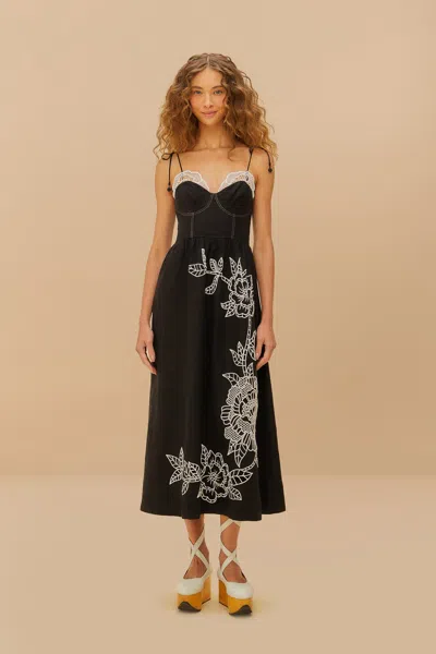 Farm Rio Active Black Richelieu Lace Euroflax Premium Linen Midi Dress In Black