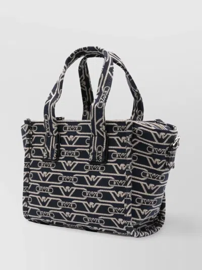 Emporio Armani Small Shopper Bag In Jacquard Canvas With All-over Monogram In Blue