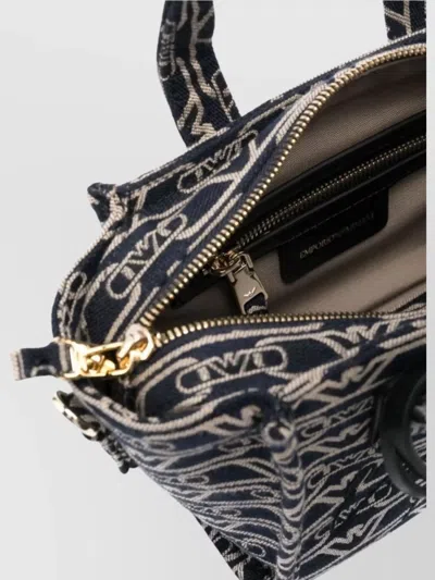 Emporio Armani Small Shopper Bag In Jacquard Canvas With All-over Monogram In Blue