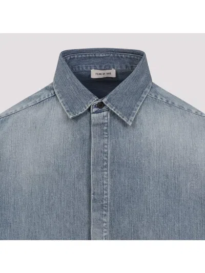 Fear Of God Light Blue Shirt With Faded Denim Effect In Animal Print
