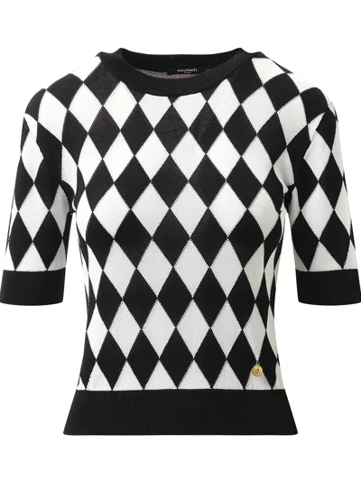 Balmain Embroidered Viscose Blend Top In Black/white