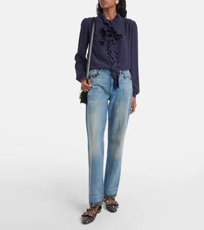 Valentino High Rise Viscose Straight Jeans In Blue