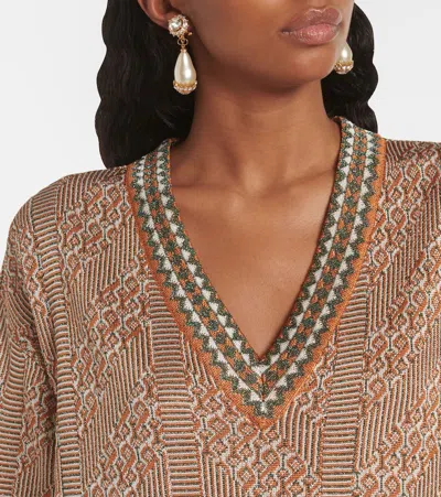 Valentino Metallic Intarsia-knit Midi Dress In Ginger Orange/gold