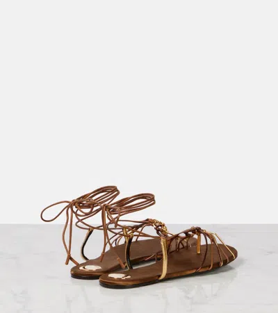 Saint Laurent Cassandre Leather Flat Strappy Sandals In Gold