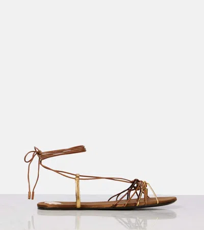 Saint Laurent Cassandre Leather Flat Strappy Sandals In Gold