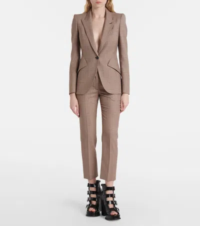 Alexander Mcqueen Kickback Checked Wool Flared Pants In Neutrals