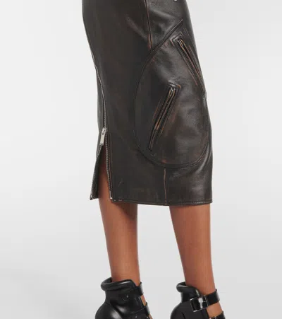 Alexander Mcqueen Antiqued Leather Pencil Skirt In Brown