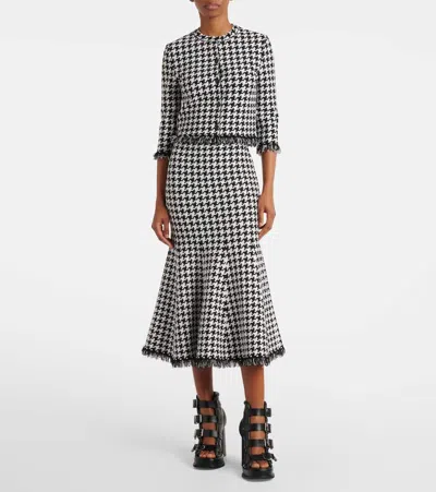 Alexander Mcqueen Mcqueen Midi Houndstooth Skirt With Flared Silhouette In Black