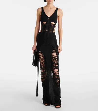 Rick Owens Long Skirt With Cut-out Design And Distressed Effect In Black