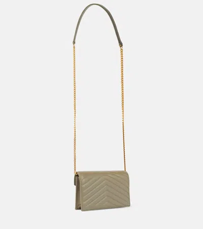 Saint Laurent Cassandre Envelope Leather Wallet On Chain In Green