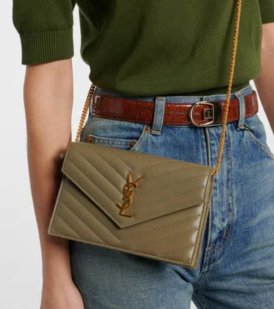 Saint Laurent Cassandre Envelope Leather Wallet On Chain In Green