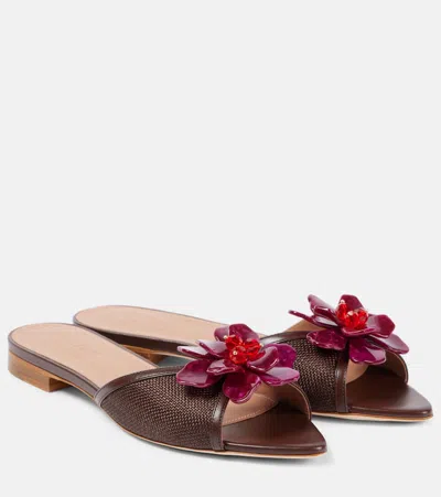 Malone Souliers Crystal Flower Raffia Leather Mule Sandals In Brown