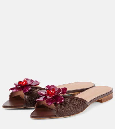 Malone Souliers Crystal Flower Raffia Leather Mule Sandals In Brown