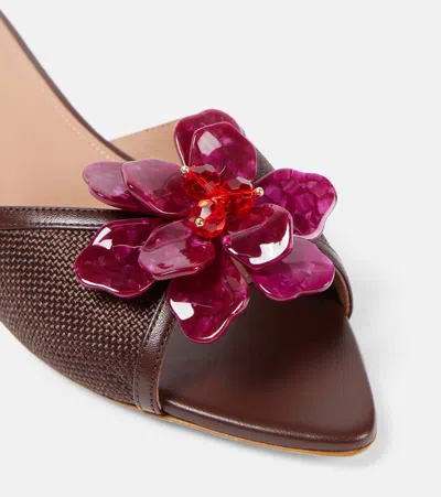 Malone Souliers Crystal Flower Raffia Leather Mule Sandals In Brown