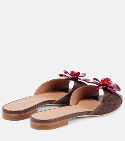 Malone Souliers Crystal Flower Raffia Leather Mule Sandals In Brown