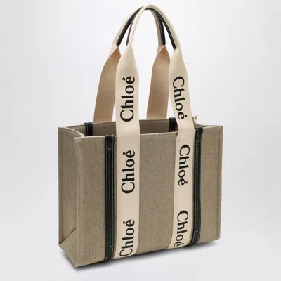 Chloé Woody Medium Bag In Beige Canvas In Blue