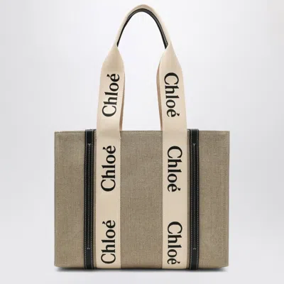 Chloé Woody Medium Bag In Beige Canvas In Blue
