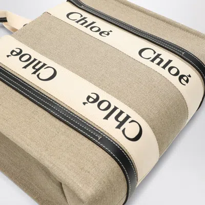 Chloé Woody Medium Bag In Beige Canvas In Blue