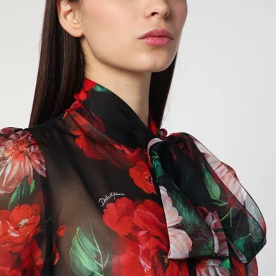 Dolce & Gabbana Shirt With Bow In Chiffon With Floral Print In Multicolor