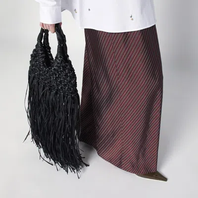 Hibourama Black Vannifique Fringes Bag In Leather And Raffia In Black