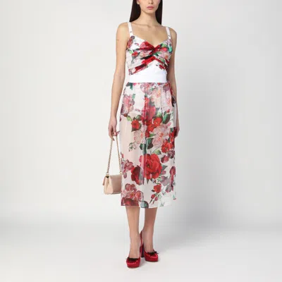 Dolce & Gabbana Bustier Top In Marquisette And Chiffon With Rose Print In Multicolor