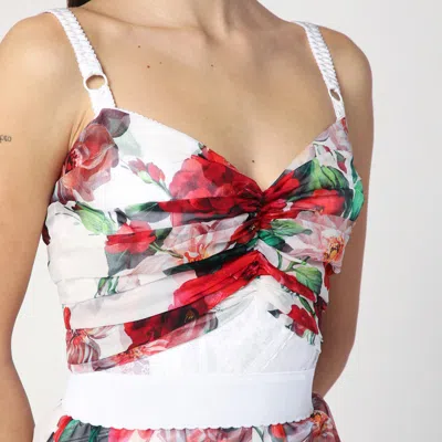 Dolce & Gabbana Bustier Top In Marquisette And Chiffon With Rose Print In Multicolor