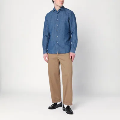 Xacus Indigo Blue Denim Cotton Shirt In Blue
