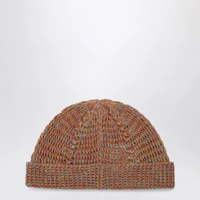 Valentino Multicolor Linen Blend Knitted Vlogo Signature Beanie Hat In Brown