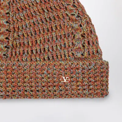 Valentino Multicolor Linen Blend Knitted Vlogo Signature Beanie Hat In Brown