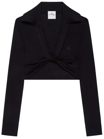 Courrèges Cropped Wool Polo In Black