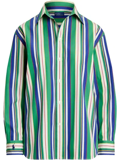 Polo Ralph Lauren Womens  Striped Curved-hem Cotton-poplin Shirt In 绿色