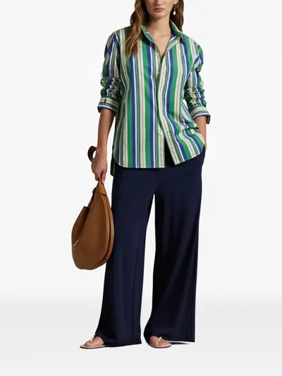 Polo Ralph Lauren Womens  Striped Curved-hem Cotton-poplin Shirt In 绿色