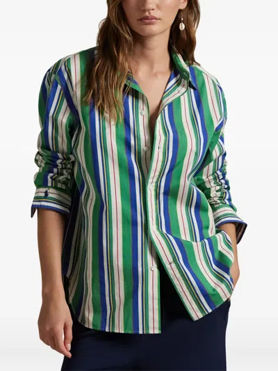 Polo Ralph Lauren Womens  Striped Curved-hem Cotton-poplin Shirt In 绿色