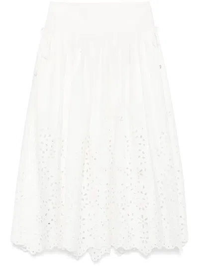 Self-portrait White Midi Skirt With Side Gathered Details And All-over Embroidery