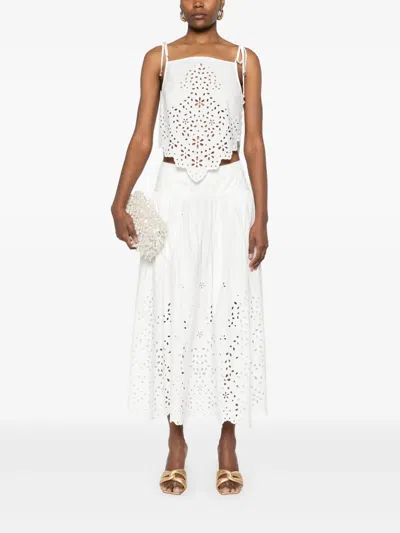Self-portrait White Midi Skirt With Side Gathered Details And All-over Embroidery