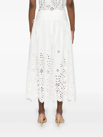 Self-portrait White Midi Skirt With Side Gathered Details And All-over Embroidery