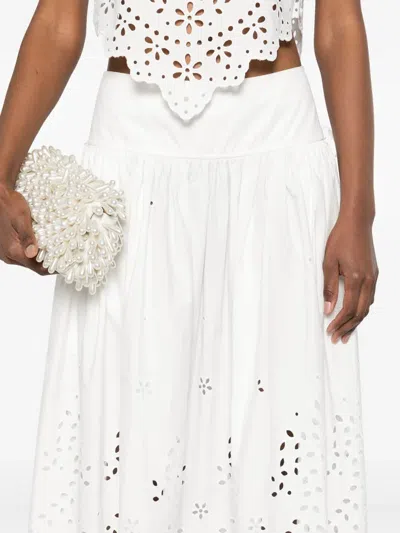 Self-portrait White Midi Skirt With Side Gathered Details And All-over Embroidery