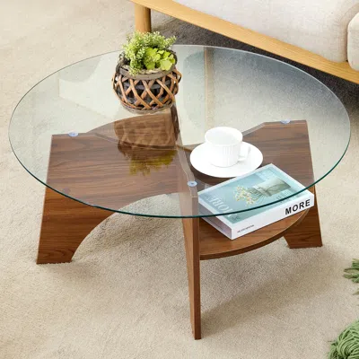 Streamdale Furniture Streamdale 31.5" Round Glass Coffee Table With Walnut Base