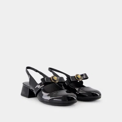 Versace Black Ballerina Shoes With Heel And Medusa Detail On The Front In Shiny Leather Woman In Black