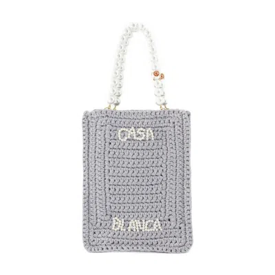 Casablanca Crochet Chain Shoulder Bag With Pearl Handle In Grey