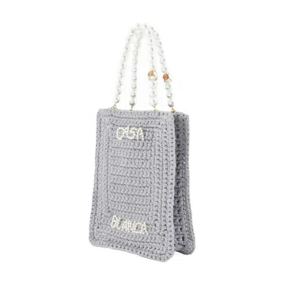 Casablanca Crochet Chain Shoulder Bag With Pearl Handle In Grey