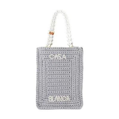 Casablanca Crochet Chain Shoulder Bag With Pearl Handle In Grey