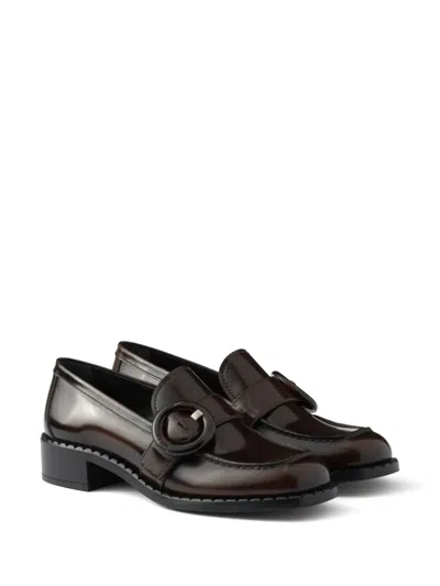 Prada Polished Brown Flat Shoes With Decorative Buckle In Braun