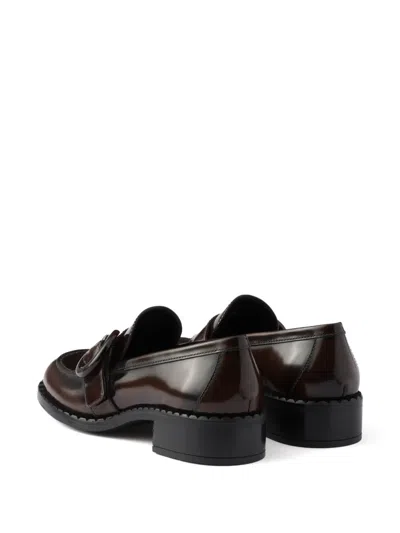 Prada Polished Brown Flat Shoes With Decorative Buckle In Braun