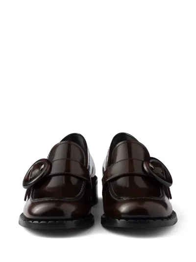 Prada Polished Brown Flat Shoes With Decorative Buckle In Braun