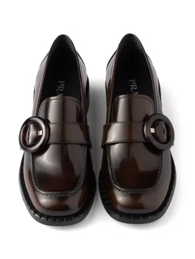 Prada Polished Brown Flat Shoes With Decorative Buckle In Braun