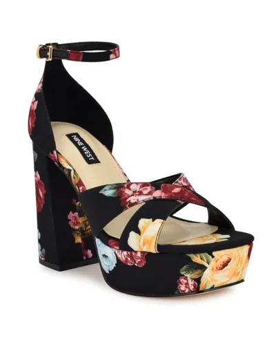 Nine West Women's Vicky Open Toe Dress Sandals In Black Scattered Rose Multi