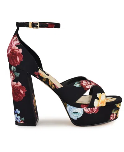 Nine West Women's Vicky Open Toe Dress Sandals In Black Scattered Rose Multi