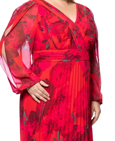 Betsy & Adam Plus Size Floral-print Pleated Dress In Red,fuchsia