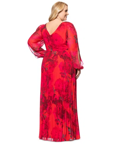 Betsy & Adam Plus Size Floral-print Pleated Dress In Red,fuchsia